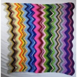 Handmade Afghan ZigZag Pattern MultiColor Crochet Knit Approx 36"X36"